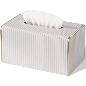 Extra Large Tissue Box Cover for Standard Size 180 to 230 Count Box of Tissues, PU Leather Rectangle Tissue Holder with Magnetic Closure， Gold-Tone Edging Decoration (Ivory)