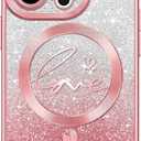 Hython for iPhone 13 Pro Case Glitter, Clear Magnetic Phone Cases with Luxury Love Heart Pattern [Compatible with MagSafe] Bling Sparkle Plating Soft TPU Slim Shockproof Protective Cover Women, Pink