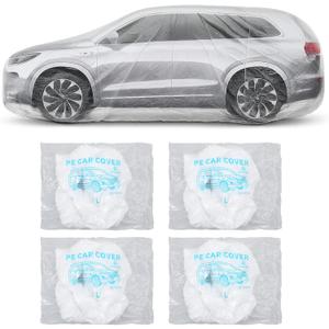 4 Pack Disposable Car Cover Clear Plastic Car Cover, Waterproof Universal Rain Dust Garage Covers with Elastic Band, Cars Covers for Outdoor Snow/Rain Weather Protection (12.4 ft x 21.6 ft)