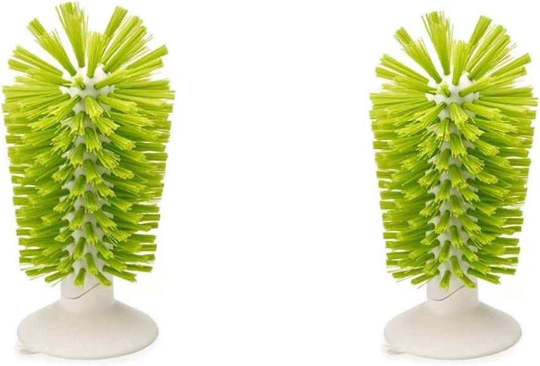 2PCS Glass Cleaning Brush with Suction Cup, Kitchen Bottle and Wine Cup Cleaner, Stable Washing for Cups, Mugs, Decanters and Jugs, Green