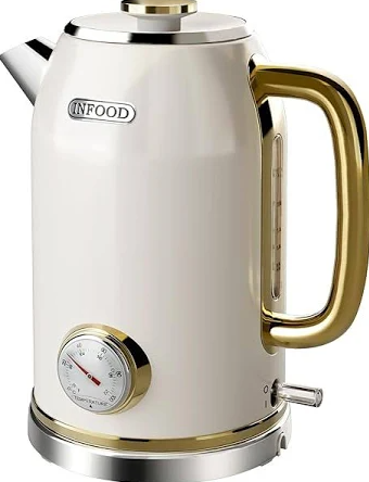 Retro Electric Kettle, 1.8L/60.8oz Hot Water Kettle Electric with Thermometer, 1200W Fast Heating Stainless Steel Tea Kettle for Boiling Water, Cordless, LED Indicator, Auto Shut-Off, White
