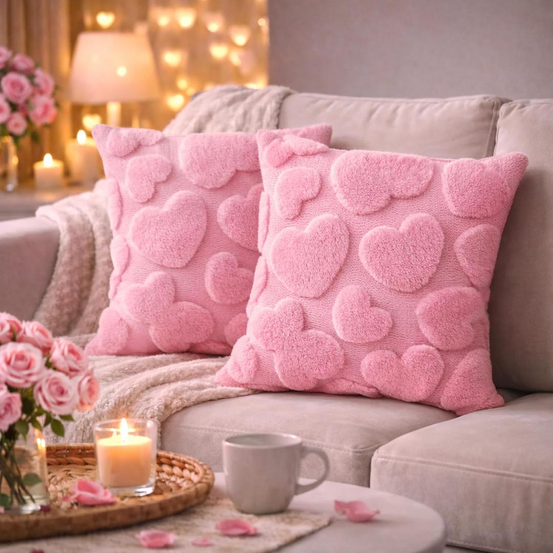 Valentines Pillow Covers 18x18 inch Set of 2 Valentines Day Decoration Pink Heart Soft Plush Faux Fur Jacquard Throw Pillows for Bedroom Sofa Holiday Festivals Home Decor