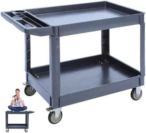 Plastic Service Cart 2 Shelf-550LBS Utility Service Carts with Wheels, Multifunctional Plastic Rolling Work Cart On Wheels,360°Swivel Wheels, Ergonomic Storage Handle