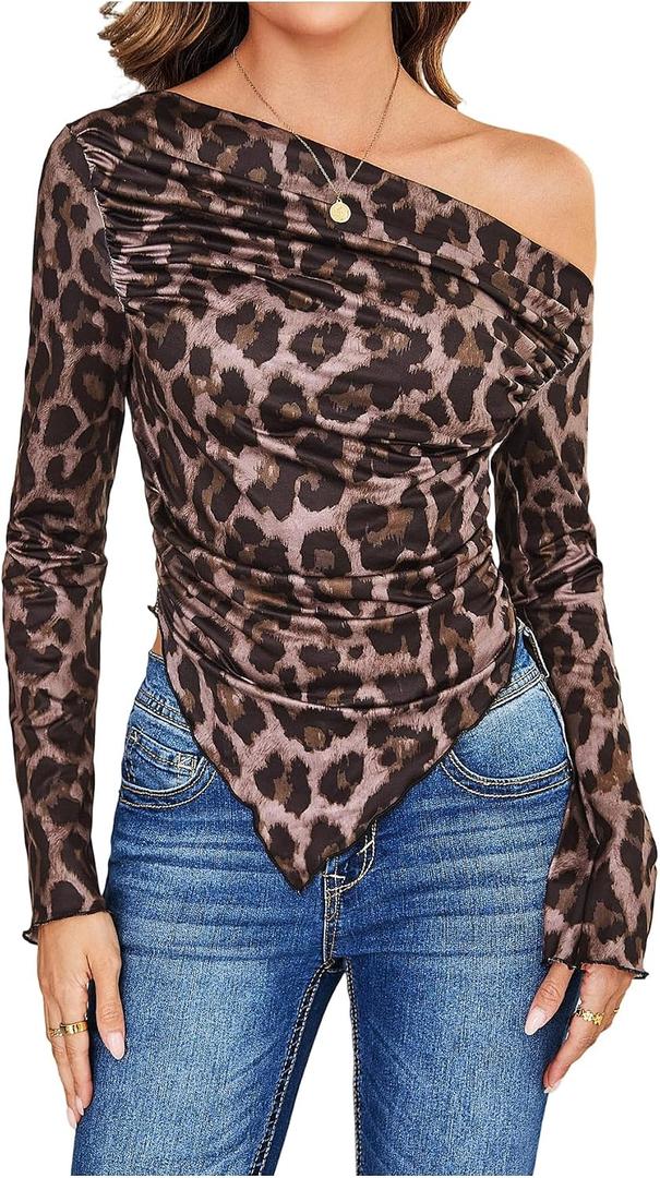 RoseSeek Women's Off Shoulder Tie Dye Mesh T Shirt Long Sleeve Asymmetrical Hem Ruched Fitted Tee Tops (Brown, M)