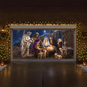 Evergreen Christmas Double Garage Door Cover Nativity Scene | Fits Standard 2 car Garage Door Size 13' x 6' | Large Home Banner Sign for Winter Indoor Outdoor Wall House Party Decor