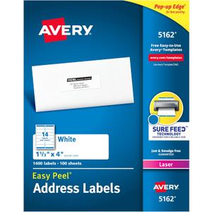Avery Easy Peel Printable Address Labels with Sure Feed, 1-1/3" x 4", White, 1,400 Blank Mailing Labels for Laser Printers (5162)