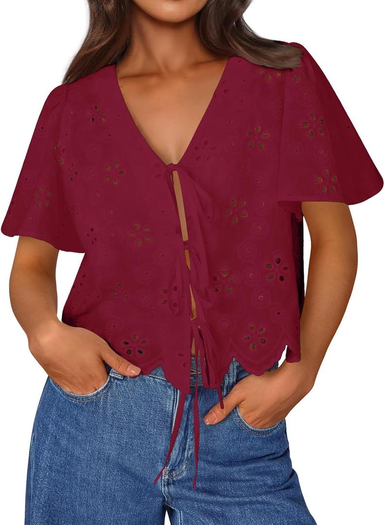 Trendy Queen Womens Summer Tops Cute Boho Blouses Beach Vacation Spring Outfits 2026 Tie Front Eyelet Embroidered Clothes (Red, L)