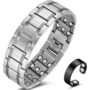 3X Magnetic Bracelets for Men Ultra Strength Titanium Steel Bracelet Wrist Adjustable with Sizing Tools (Silver with Ring)