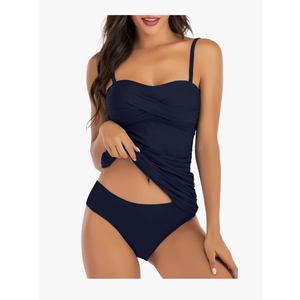 Women's Twist Front Bandeau Tankini Set Two Pieces Ruched Tummy Control Suimsuit with Mid Waist Briefs XL