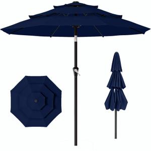 AreShark 9ft 3-Tier Patio Umbrellas, Outdoor Umbrella with 8 Sturdy Ribs UV Protection Windproof, Market Table Umbrella w/Push Button Tilt & Crank for Pool, Porch, Deck, Garden(Navy)