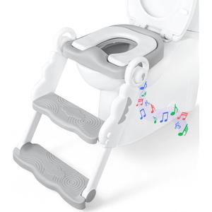 bebeleh Musical & Sound Toddler Potty Training Seat w/Step Stool Ladder - Collapsible & Adjustable Toilet, Pre Assembled Toddler Toilet Seat w/Music & Sounds - Splash Guard & Anti-Slip Steps - Gray