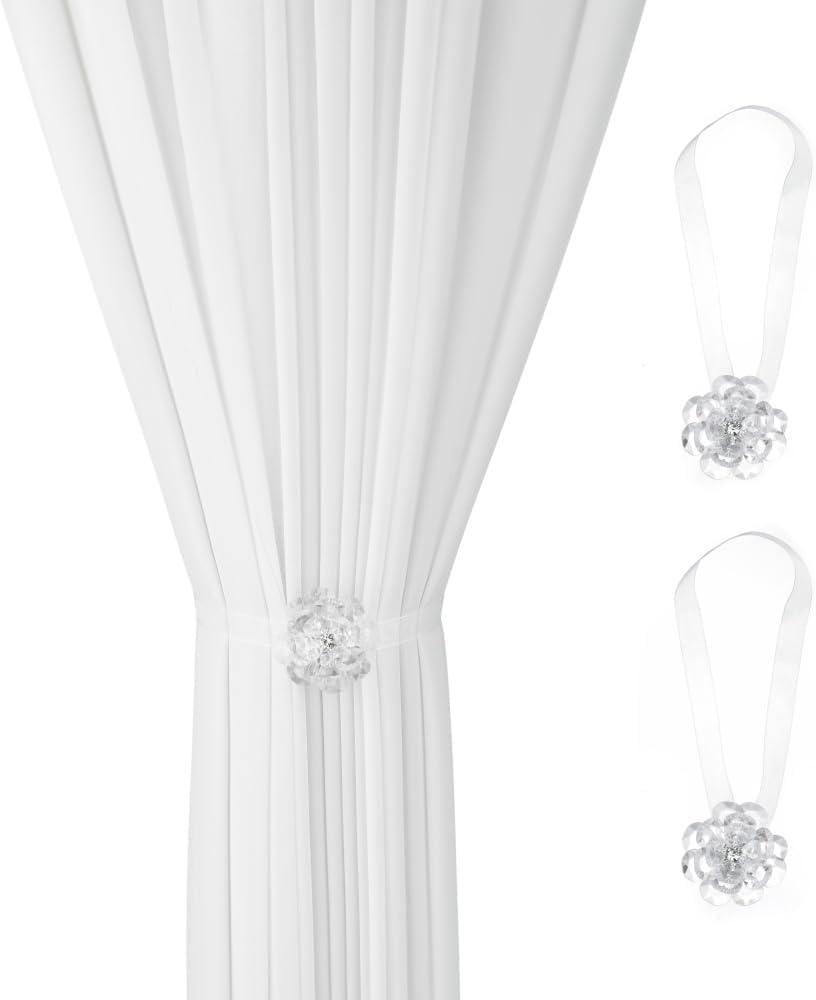 SUQ I OME Crystal Magnetic Curtain Tiebacks, Crystal Flower Curtain Drapery Holdbacks with Silk Ribbon Rope Window Curtain Decorative for Home Office Decor, Clear
