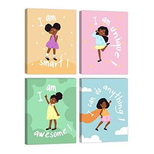Canvas Art Set of 4: African American Girls Wall Art - Motivational Black Girl Prints for Bedroom Decor