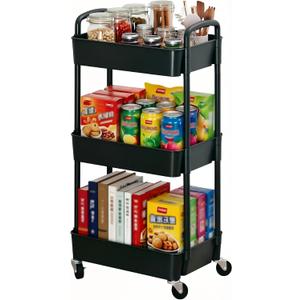 Sywhitta 3-Tier Plastic Rolling Utility Cart with Handle, Multi-Functional Storage Trolley for Office, Living Room, Kitchen, Movable Storage Organizer with Wheels, Black