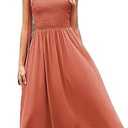 Summer Sleeveless Midi Dresses Women Square Neck Pleated Sundress Boho Beach Suspender Dress, Medium
