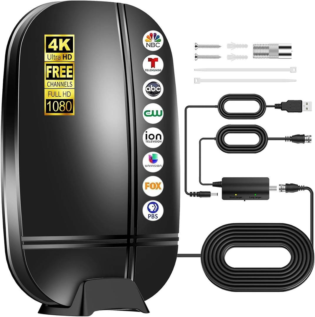 2026 Upgraded TV Antenna Indoor Outdoor,Digital Antenna for Smart TV Indoor,4K 1080P Free Local Channels, 3600+ Miles Range Digital HD TV Antenna with Signal Amplifier,Built-in Base Included