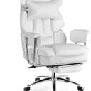 Sweetcrispy Executive Home Office Desk Chair - Ergonomic Big Tall High Back with Footrest & Lumbar Support, Reclining Height Adjustable, Comfy PU Leather Computer Gaming with Swivel Wheels, White