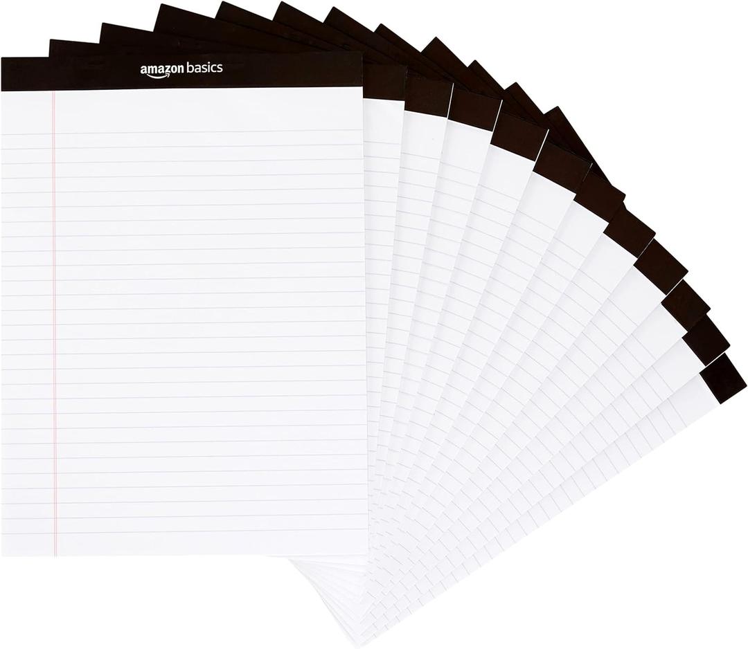 Amazon Basics Wide Ruled Lined Writing Note Pads for Office Supplies, 8.5" x 11.75", White, 12-Pack of 50 Perforated Sheets
