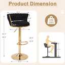 VECELO Bar Stools Set of 2, Adjustable Barstools Counter Height Stools with Back and Arm, Velvet Woven Kitchen Island Stools w/Gold Metal Leg & Base, 360 Swivel Bar Chair for Pubs Dining Room, Black
