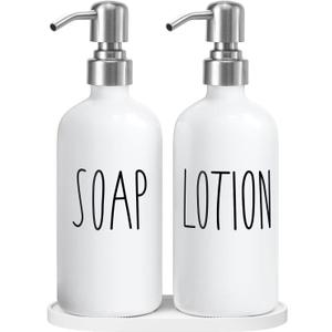 MOMEEMO Hand Soap Dispenser for Bathroom, Soap and Lotion Dispenser Set with Silver Metal Pump, Suitable for Farmhouse Bathroom Decor. (White & Silver)