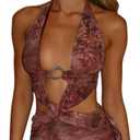 Womens Sexy Open Back Floral Tropical Vacation Dress Crop Wrap Mesh Ruffle Mini Dress Beach Dresses (Small, Purple)