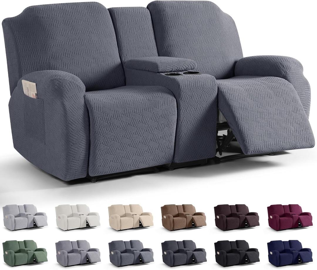 KinCam Loveseat Recliner Covers with Middle Console Slipcover, Recliner Sofa Covers 2 Seat Couch Cover Stripe Jacquard Furniture Protector Covers with Elastic Bottom for Kids, Pets (Dark Gray)