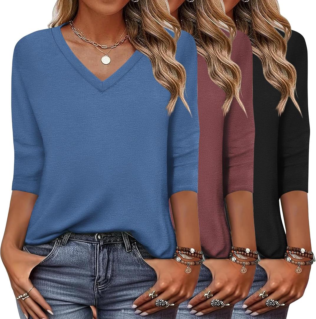 Zeagoo Women's T Shirts 3 Pack 3/4 Sleeve V Neck Basics Tees Casual Loose Fit Soft Fall Tops Outfits 2025 S-XXXL (Medium)
