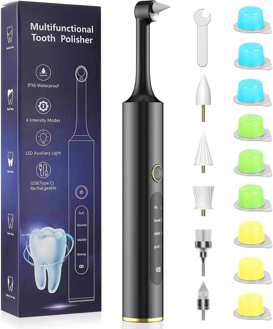 Rechargeable Tooth Polisher with 5 Brush Heads 9 Polish Pastes 4 Speed Modes IPX6 Teeth Cleaning Kit LED Light Dental Cleaning Kit for Home Use Polishing and Whitening of Tooth