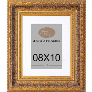 ArtXO 8x10 Inch Ornate Photo Frame - Gold Leaf Texture with Embossed Floral Motif, Matte Black Velvet Mat, Elegant Home Decor Accent56