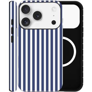Magnetic Case for iPhone 17 Pro Max, Compatible with MagSafe, Aesthetic Striped Cute Design for Women, Hybrid 2-Layer Hard Shell Phone Cover, Deep Blue