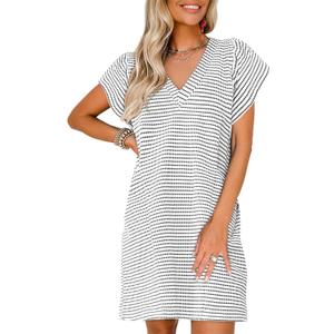 Acelitt Womens Casual Summer V Neck Cap Sleeve Shift Mini Dress with Pockets (Medium, White)