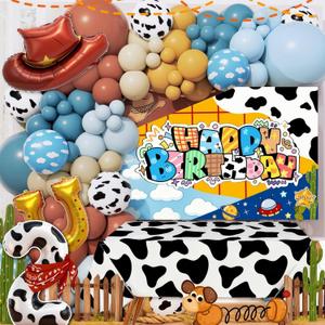 Cowboy Birthday Decorations for Boy, 146PCS Western Farm Party Supplies with Balloon Garland, Cow Print Tablecloth, Backdrop, Hat & Foil Number Balloon, Complete Farm Theme 2nd Birthday Decor Set