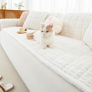 MDSASFD Dog Couch Cover, Couch Cover for Dogs Washable, Funny Fuzzy Plush Sofa Covers, Non Slip Dog Covers for Couches and Sofas, Sofa Pad Furniture Protector for L Shaped(Beige White, 27.6"x 70.9")