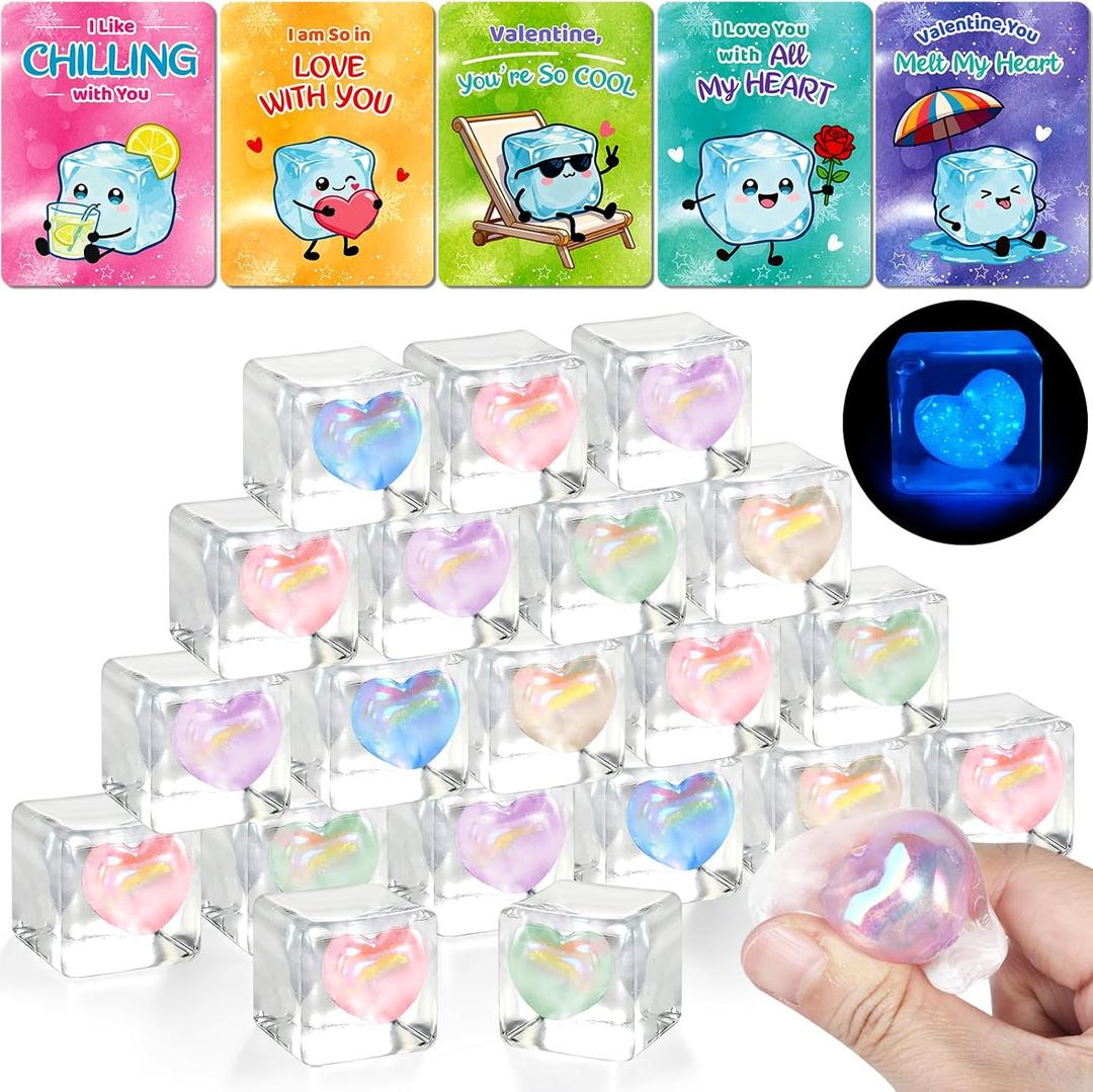 Valentines Day Cards for Kids School, 25 Pack Valentines Day Gifts for Kids with Glow in Dark Heart, Squeeze Ice Cube Toys for Classroom Prize Exchange, Party Favors for Boys Girls, Goodie Bag Stuffer
