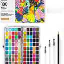 Grabie 100 Colors Watercolor Paint Set - 50 Regular, 35 Metallic, 10 Macaron and 5 Fluorescent Colors - Portable with Carrying Case, Water Brush Pens, and Accessories - For Beginners and Professionals