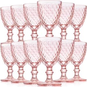 Lallisa 12 Pcs Pink Glass Set Vintage Glassware Pink Goblets 8 oz Embossed Drinking Glass with Stem High Clear Stemmed Cups Goblet for Wedding Party Banquet Feast Bar, Daily Use