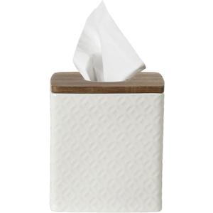 Bathroom Accessories - Ceramic Tissue Holder with Wooden Lid, Decorative Square Tissue Cover Box (White and Beige)