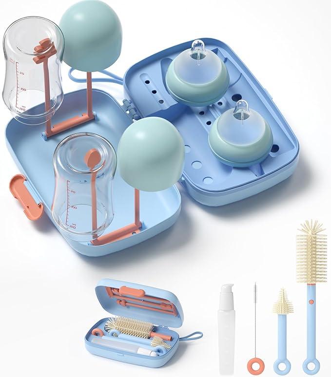 Momcozy Bottle Brush Set - Baby Bottle Cleaner Kit with Silicone Brush, Nipple Brush, Straw Brush, Soap Dispenser, Drying Rack - 7 in 1 Bottle Cleaning Tool for Home and Travel (Classic Style, Blue)