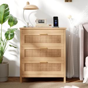 Keehusux Rattan Nightstand with Charging Station, 23.6" Wide Bedside Table with 3 Drawers, Boho Night Stand with Metal Handles, Accent End Table for Bedroom, Guest Room, Natural