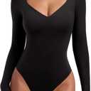 REORIA Long Sleeve Bodysuits for Women Square V Neck Going Out Top Double Lined Thong Body Suit Sexy Slimming Shirt 2025 Fall, Size XL (Black Onyx)