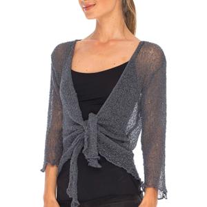 SHU-SHI Womens Sheer 3/4 Sleeve Shrug Lightweight Mesh Knit Dressy Summer Cover Up, Open Front or Tie (One Size, Gunmetal)
