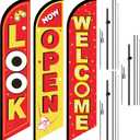 Newwiee 3 Set Feather Flag Banner for Business Advertisement, Now Open Welcome Look Feather Flag Sign 15 Feet Tall Advertising Banner with Fiberglass Pole Kit and Spike for Outdoor Decoration