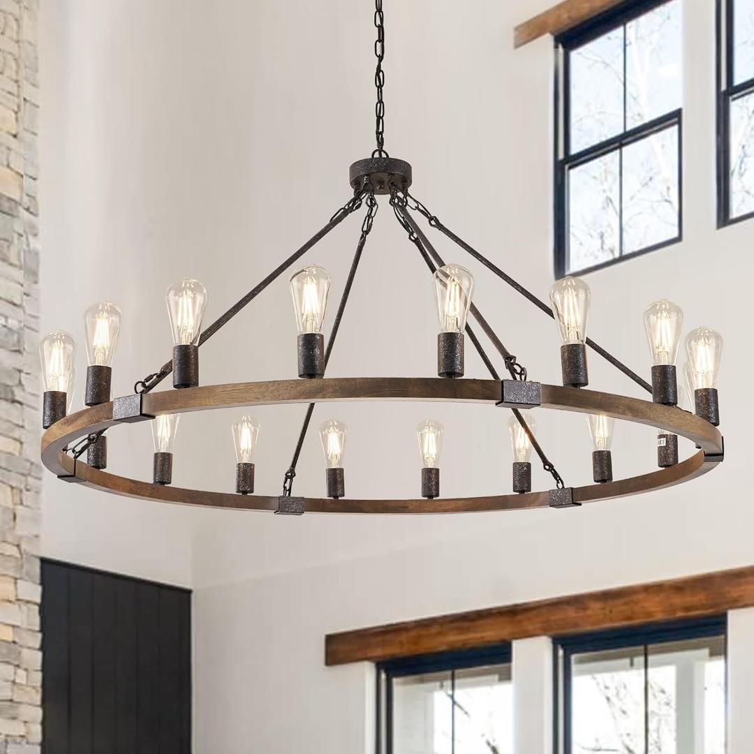 Farmhouse Wagon Wheel Chandelier 47" Black Rustic Light Fixtures 18-Light Wood Round Chandelier for Foyer Living Room Entryway Dining Room (Walut)
