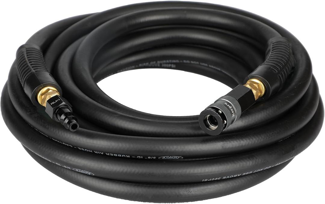 Keepro Rubber Air Hose, Durable Air Compressor Hose 3/8 Inch ID By 25 Feet Long with Swivel Universal Aluminium Quick Coupler and Plug, 300 PSI Maximum Pressure, Black