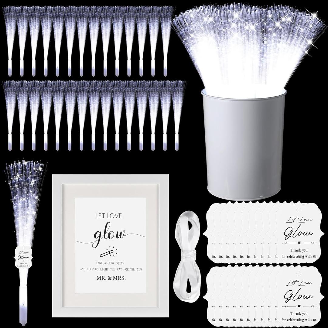 50 Pcs White Fiber Optic Wands with Metal Bucket Glow Sticks LED Wedding Sparklers Bulk with 50 Cards a Photo Frame a Roll of Ribbon for Wedding Bridal Shower Birthday Valentine's Gift