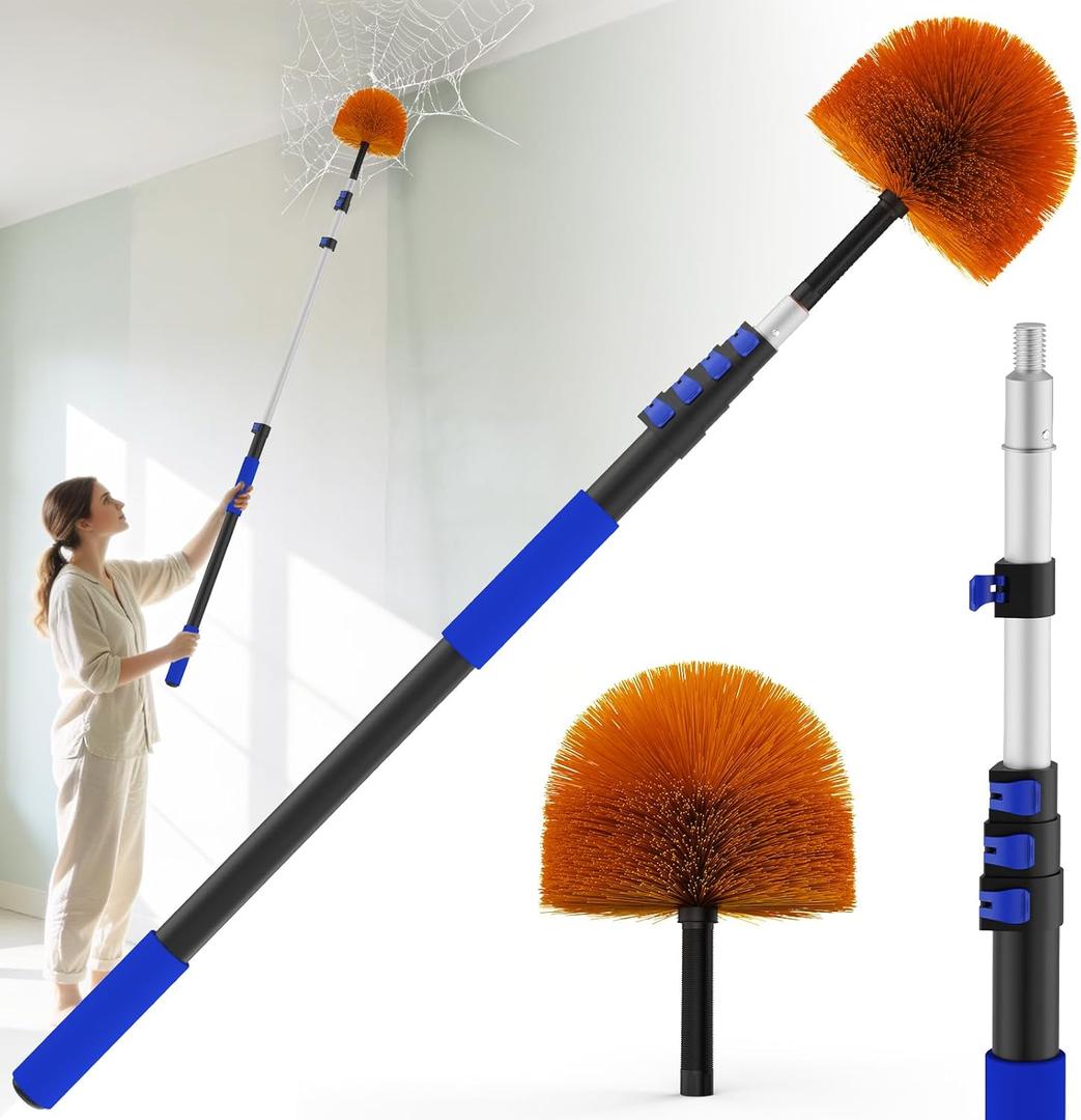 26FT Reach Cobweb Duster, Outdoor Spider Web Cleaner Brush with 5-20FT Telescoping Extension Pole, Aluminium Heavy Duty, Medium Stiff Bristles Spider Web Brush for Outdoor & Indoor Cleaning