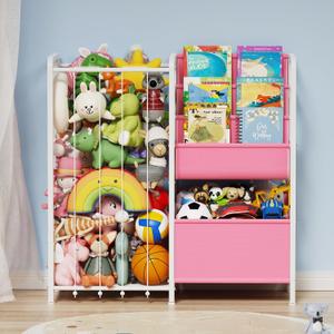 Kids Bookshelf and Toy Storage, 3 Tier Kids Book Shelf for Kid Rooms with Stuffed Animal Storage, Toy Storage Organizer, Stuffed Animals Zoo Storage Cage for Bedroom, Nursery, Playroom (Pink)