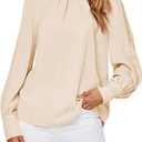 LYANER Women's Mock Neck Pleated Solid Long Sleeve Blouse Office Shirt Top (Medium, Beige)
