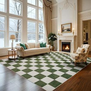 Washable Rug 5x7 Checkered Rug, Green and White Area Rug, Boho Large Rugs for Living Room, Low Pile Lightweight Indoor Carpet with Non-Slip Backing for Bedroom Classroom Playroom Kids
