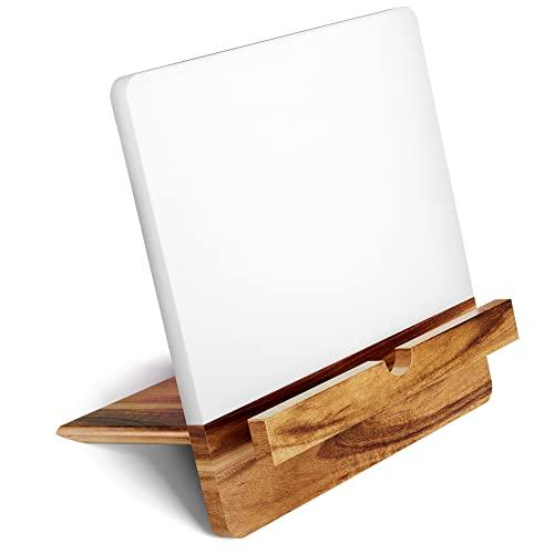 Acacia Cookbook Stand for Kitchen Counter - 12" x 12" Large Adjustable Non-Slip Acacia Wood Book Stand for Cookbooks - Collapsible for Easy Storage - Extra Large Recipe Book Holder for Kitchen Counter, White